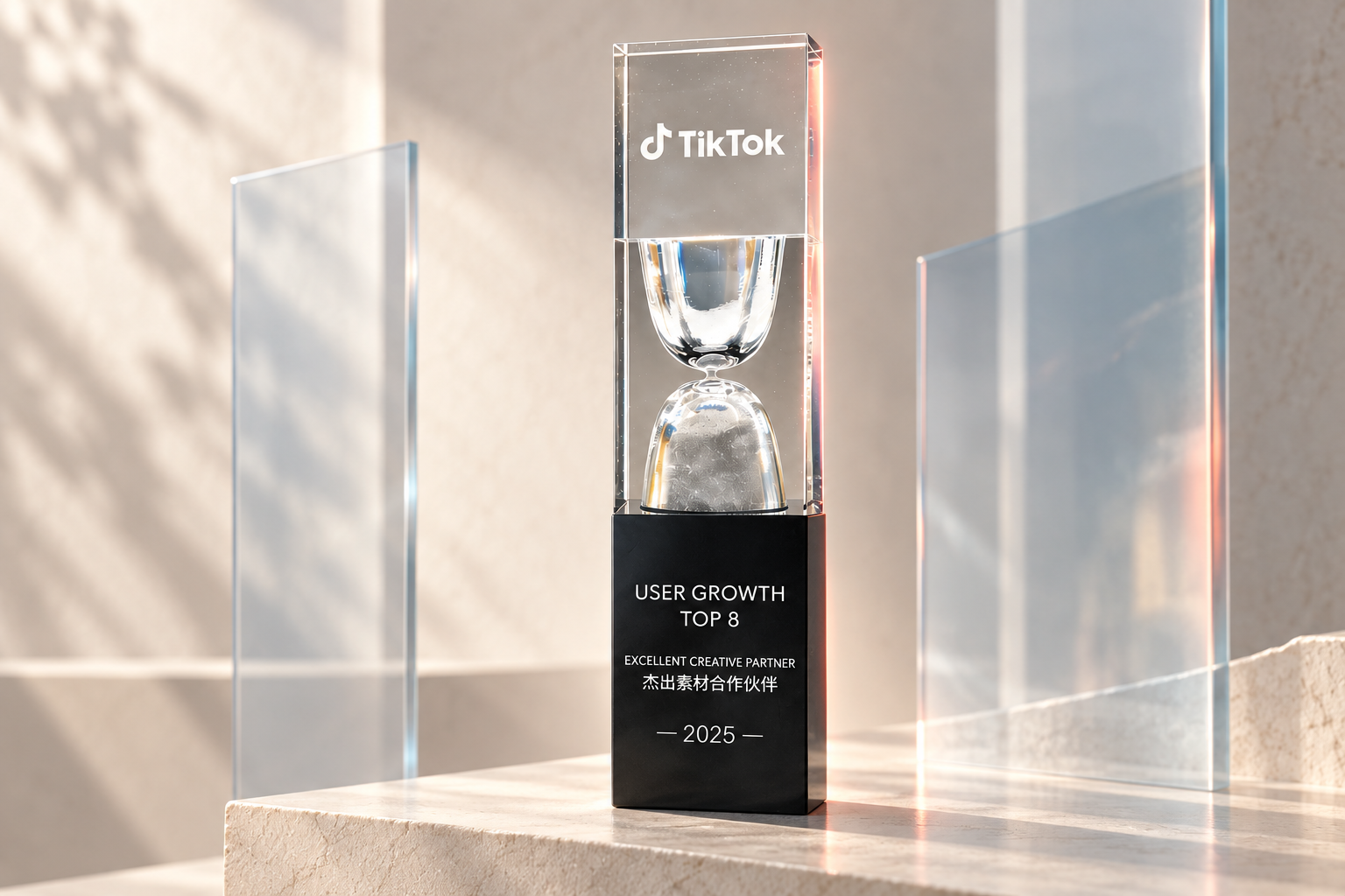 Composição editorial do troféu TikTok User Growth TOP 8 em um cenário claro de vidro e pedra