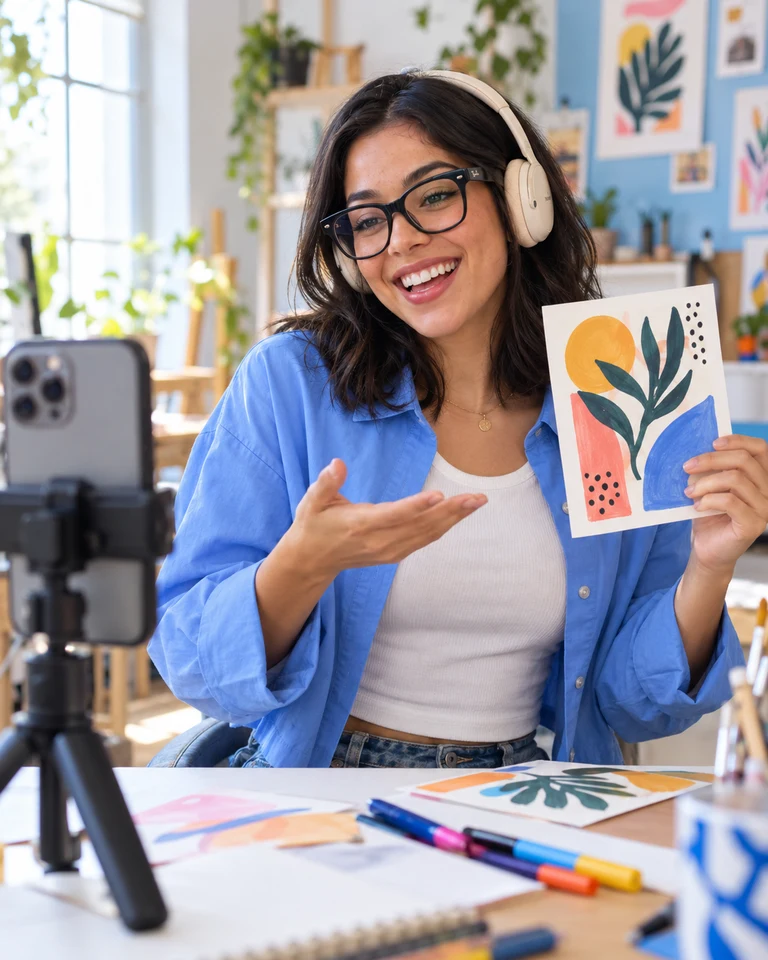 Cena criada por IA de uma jovem adulta com fones e óculos inteligentes, gravando um Reel sobre sua arte.