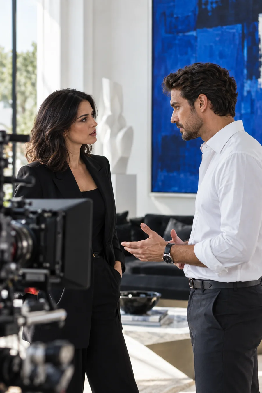 Ator e atriz interpretando uma cena de novela vertical; imagem ilustrativa criada com IA